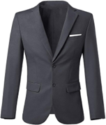 Gray tailored suit jacket with chest pocket, representing business professional attire.